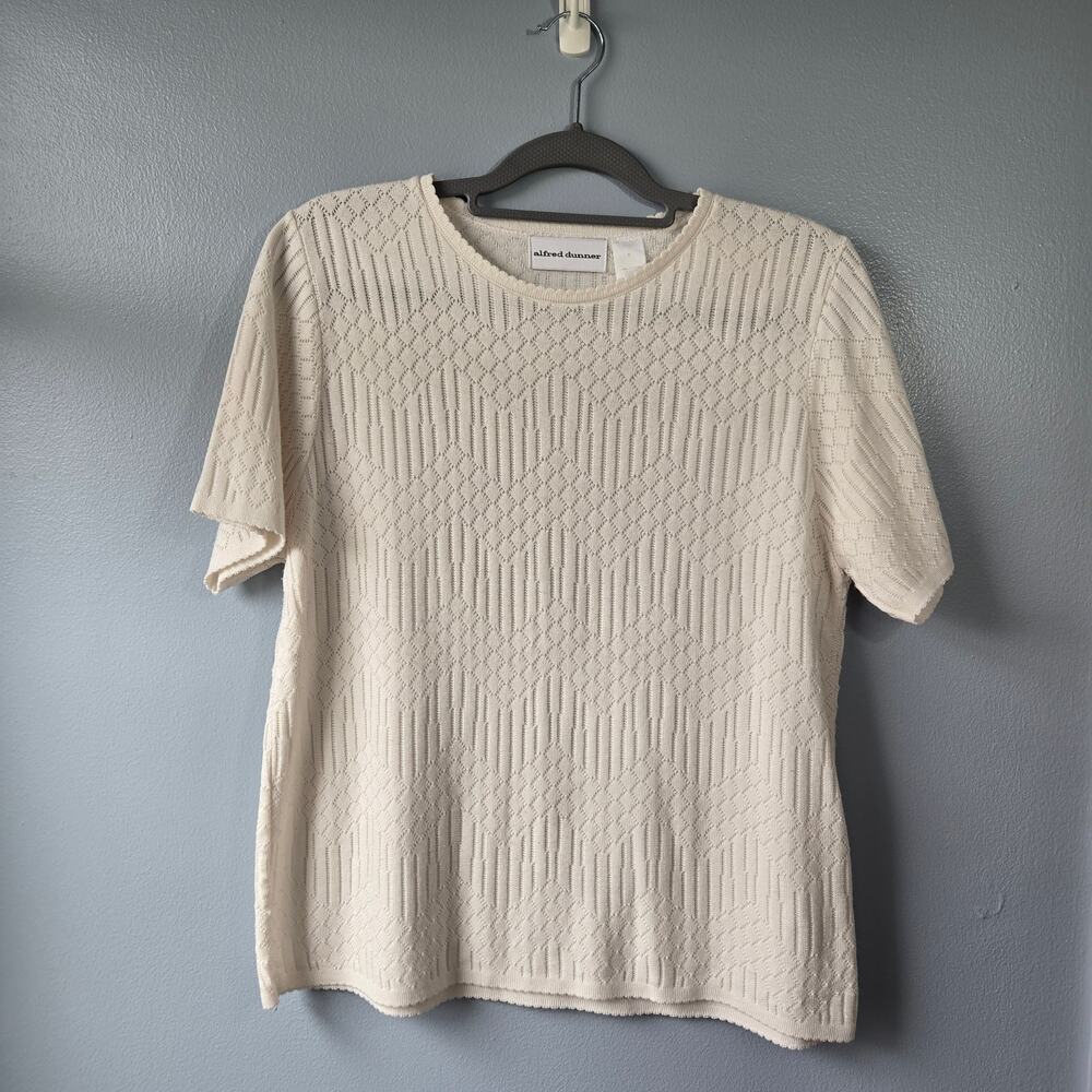 Alfred Dunner Knit Crew Neck Diamond Pattern Short Sleeve Ivory Sweater -Medium